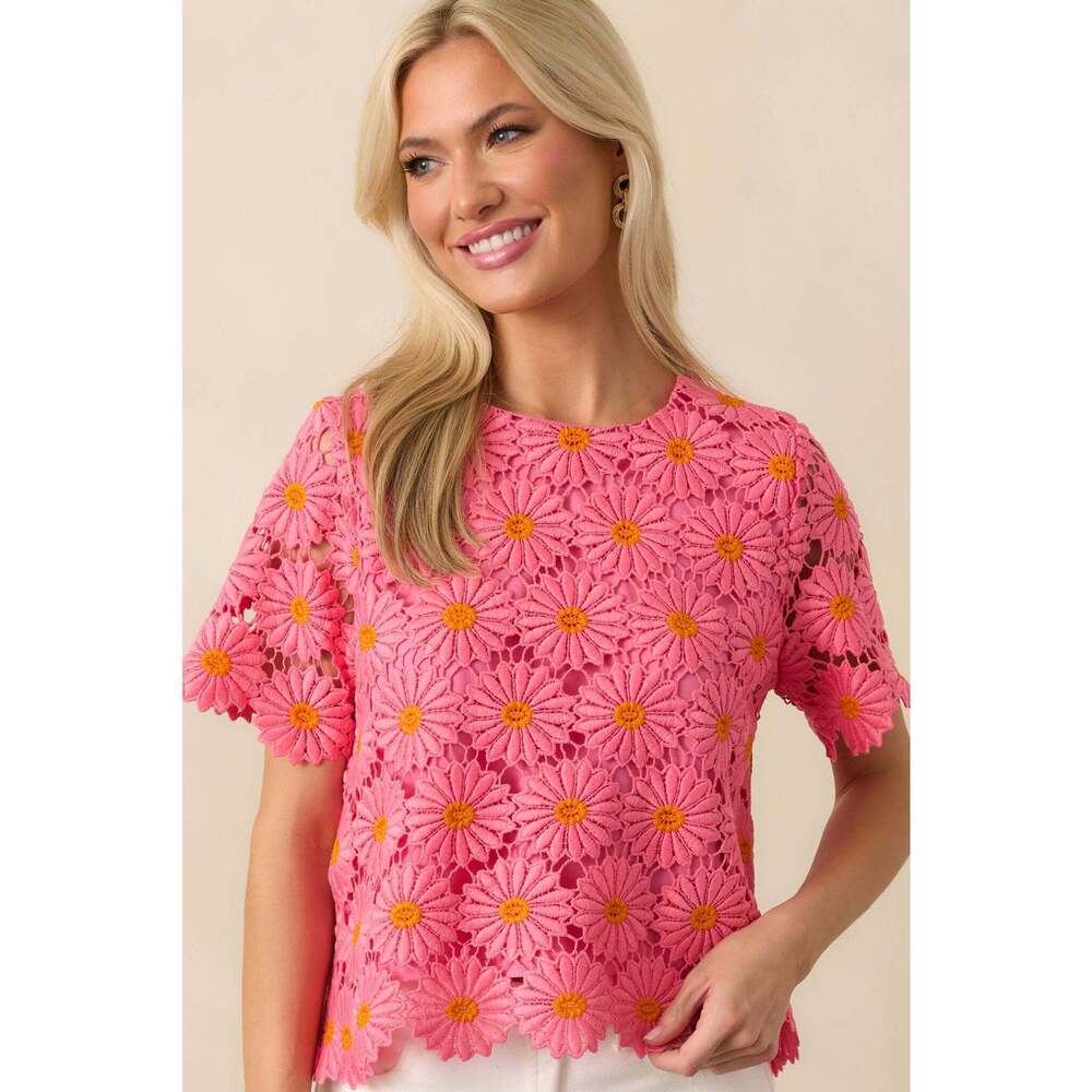 Red Dress Reading My Mind Hot Pink Floral Embroidered Lace Bow Back Top Size SS